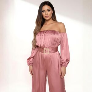 Fashion Nova ✦ Stay Fabulous Satin Jumpsuit ✦ Mauve Off‑Shoulder Belted Wide‑Leg